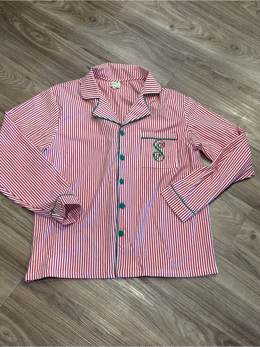 Striped Red & White Pajamas with Green Trim Embroidered S on pocket Super Soft